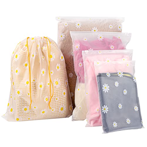 10 Pcs Travel Storage Bags, 2 Pcs Drawstring Storage Bags and 8 Pcs Ziplock Bags, Reusable Clothes Storage Bags Waterproof Luggage Organiser Frosted Bag for Packaging Clothing Shoes (5 Size Mixing)