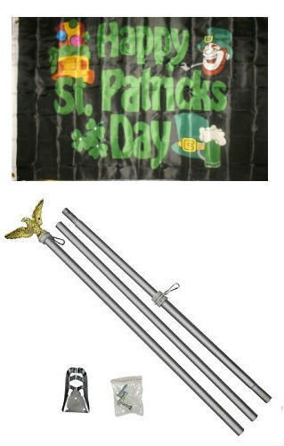 Moon Knives 3x5 Happy St. Patricks Day Black Flag Aluminum Pole Kit Set - Party Decorations Supplies For Parades - Prime Outside, Garden, Men Cave Decor Flag