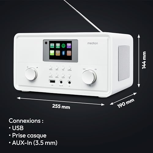 MEDION Radio Internet P85027 (Dab Plus, Radio FM, Spotify Connect, WLAN, Bluetooth, Streaming, égaliseur, écran Couleur, USB, AUX, réveil, Fonction Snooze, Sleep Timer) Blanc