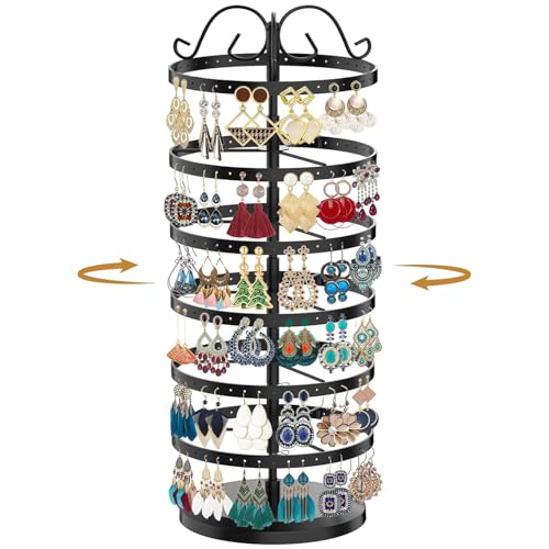 MODOWEY 6 Tier Rotating Metal Earring Holder Organizer Stand Adjustable Display Tree for Women, 264 Holes Large Storage Rack for Stud Post Dangling Hoop, Keep Earrings Neatly Arranged(Black)