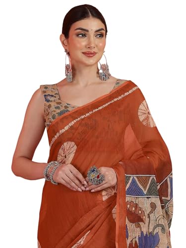 Image of Satrani Women's Linen Printed Saree with Unstitched Blouse Piece