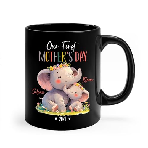 Our First Mothers Day Coffee Mug For Mummy, Personalized Mommy & Baby Elephant Cup, Elephant Animal Ceramic Mug, Custom Names Mom and Baby Elephant Mug, Gift for New Mom, Black Cup 11oz 15oz