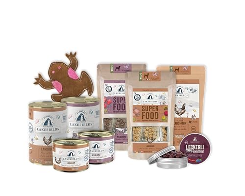 Lakefields Welpenbox | Premium Probierpaket mit Welpen Nassfutter & Trockenfutter | Huhn & Rind | Leckerlies & nachhaltiges Welpenspielzeug | 9 Inhalte zum Testen