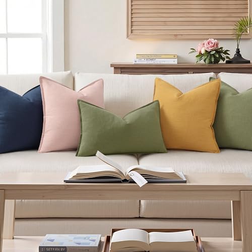 Image of decorUhome Decorative Linen Throw Pillow Covers 12x20 Inch Set of 2 Olive Green Lumbar Pillow Covers with Flange Edges Soft Farmhouse Boho Accent Pillow Cases for Couch Bed Living Room