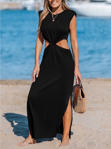 CUPSHE Women’s Summer Maxi Dresses Sleeveless Cutout Side Slit Long Casual Dress with Padded Shoulders4