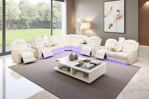 Image of Power Recliner Sectional Sofa Set with LED Light,L Shaped Leather Sectional Couch Set with 5 Recliner Seats,Modular Couches with USB Ports for Living Room Furniture,Cream White