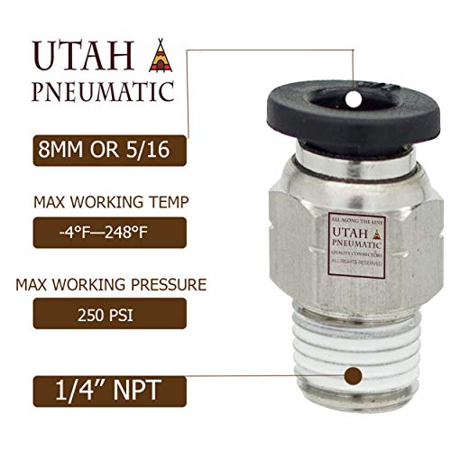 Utah Pneumatic 8Mm Or 5/16 Od 1/4 Inch Npt Air Union Male Push Air Fitting Straight Pneumatic Fitting Nylon & Nickel-Plated Brass Pneumatic Push Connect Fittings Air Line Fittings thumb #1