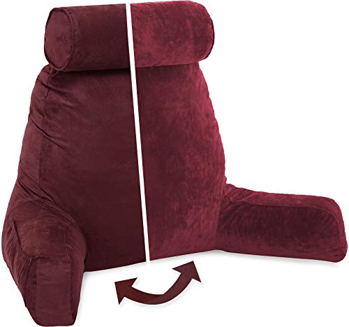 Image of Husband Pillow XXL Reading & Bed Rest Pillows - Premium Memory Foam Backrest Pillow with Arms & Neck Roll - Aspen Edition Arizona Maroon - Reversible 2 Sided Cover with Plush Microfiber and Suede