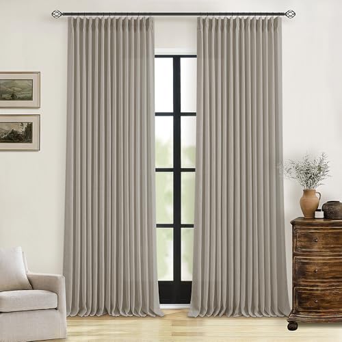 Image of Pinch Pleated Linen Curtains 86 Inches Long for Living Room 2 Panels Set Greyish Beige Flax Double Pleated Drapes Back Tab Farmhouse Ceiling Floor 86 Inch Window Curtains Bedroom Burlywood Birch