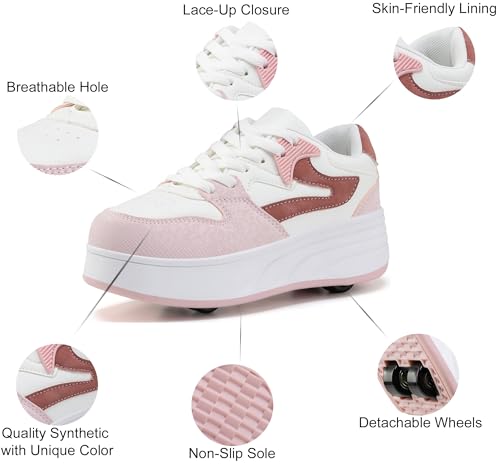 ANEFUN Wrotki dla dzieci, chłopców i dziewczynek, buty sportowe ze zdejmowanymi kółkami, Rosa, 34 EU