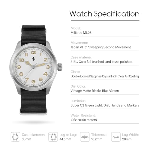 Image of TACTICAL FROG Militado ML08 Field Watch Japanese Sweep VH31 / 515 Movt with Calendar, Men's Military Watch Sapphire Crystal 10 ATM Waterproof Analog Watches for Men