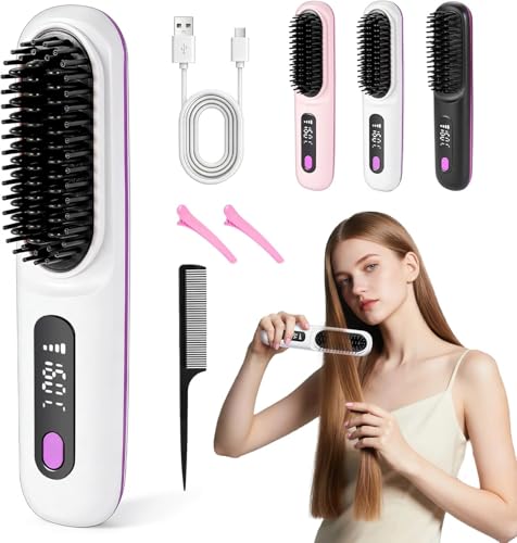 Brosse Chauffante Céramique, Brosse Coiffante Cheveux Courts, Mini Brosse Lissante Chauffante Anti-Brûlure, Chauffante Cheveux Court avec Affichage LCD + 3...