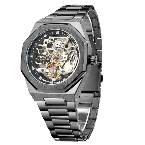FORSINING Reloj Vintage para Hombres Grabado Esqueleto Automático Autoviento Mecánico Gran Dial Luminoso Diamante Pantalla Negro Hueco Tatuaje Patrón Relojes de Pulsera,, Negro , Modern