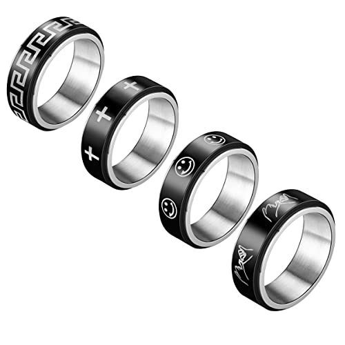 yfstyle 4Pcs Stainless Steel Spinner Rings Set for Men Women Cross Fidget Band Ring Relieving Stress Anxiety Ring 8mm Pinky Promise Greek Key Rotating Rings Engagement Promise Rings Set 4Pcs-A-6