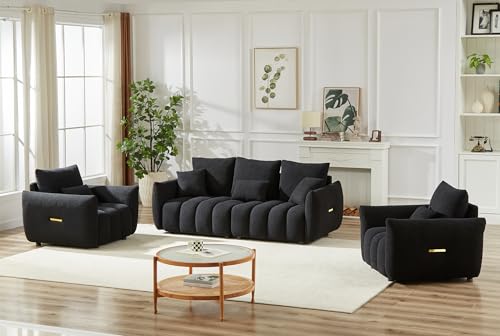 Image of Antetek Set of 3 Teddy Fabric Sofa for Living Room, Modern 2 Units Deep Seat Sofa Chairs and an Oversized 3-Seater Cloud Boucle Couch for Bedroom, Office, Apartment, Furniture Set, Black (3 Pieces)