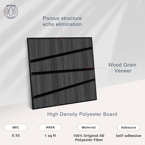 Image of WoveN SounD Acoustic Wall Panels, Black Oak, 16 Pack, 12x12 in | Self-Adhesive, NRC 0.95, Carved Pattern, Sound Proof, Echo Reduction, Sound Dampening, Home Studio, Office, Gaming Room
