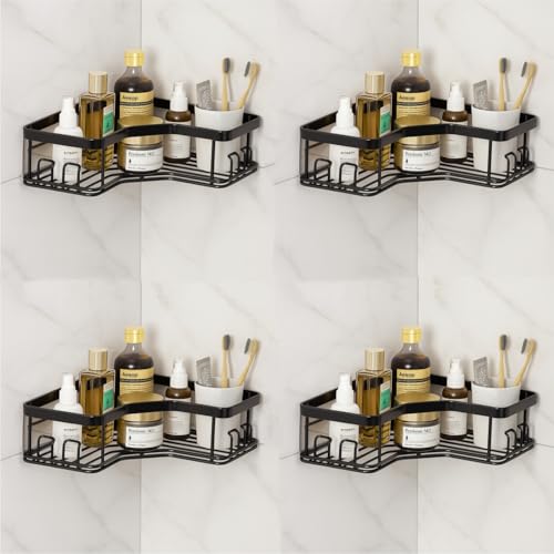 Image of JD FRESH Multipurpose Bathroom Organizer Shelf Rack Corner Without Drill /Self Adhesive Accessories Holder for Kitchen /Wall Mounted Organizer for Bathroom Space Saving Shelf Corner (Black, Pack of 4)