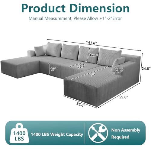 Image of 142 inch U-Shape Cloud Couch, Modern Modular Sectional U-Shape Sofa, Corduroy Boneless Couch Upholstered Couches Deep Seat Sleeper Chaise Longue for Living Room, No Assembly Required,Light Gray