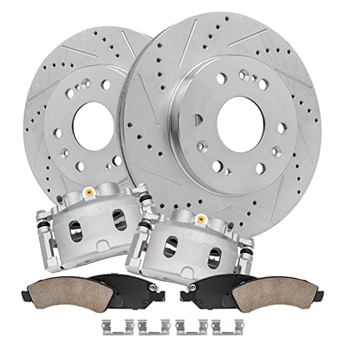 Image of Detroit Axle - Front Brake Kit for Chevy GMC Silverado Express Suburban | Sierra Savana Yukon XL 1500 Tahoe Avalanche, Cadillac Escalade ESV EXT XTS, Drilled Brake Rotors Brake Calipers Brake Pads