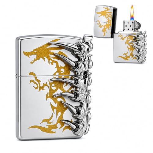 Image of Refillable Metal Lighter with Adjustable Flame, Wind Resistant Pocket Lighter, Decorative Claw Design, Reusable Flip Top Lighter for Men, Gift & Everyday Carry (Silver)