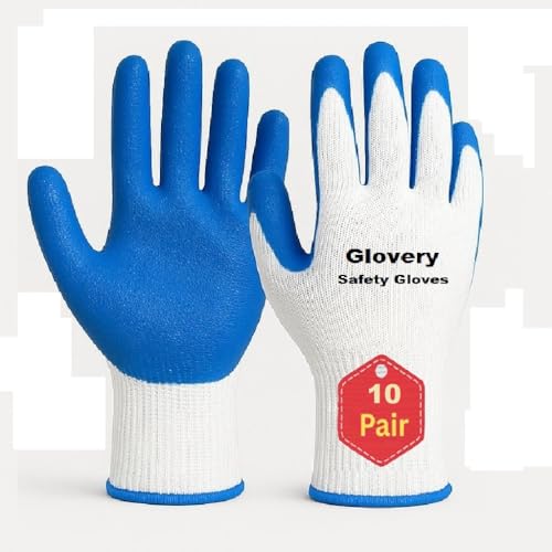 Image of Nylon Safety Work Gloves with Nitrile Coating - Industrial-Grade Protection for Cleaning, Warehouse, Mechanics, Construction - Durable, Flexible, Non-Slip Grip (White & Blue, 10 Pair)