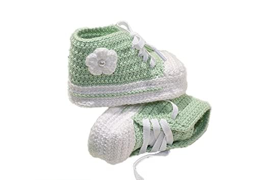 La Tata MO Patucos bebe recien nacido niña de crochet o ganchillo, deportivos de caña alta con flor, disponibles en todas las tallas de bebé - de 0 a 12 meses