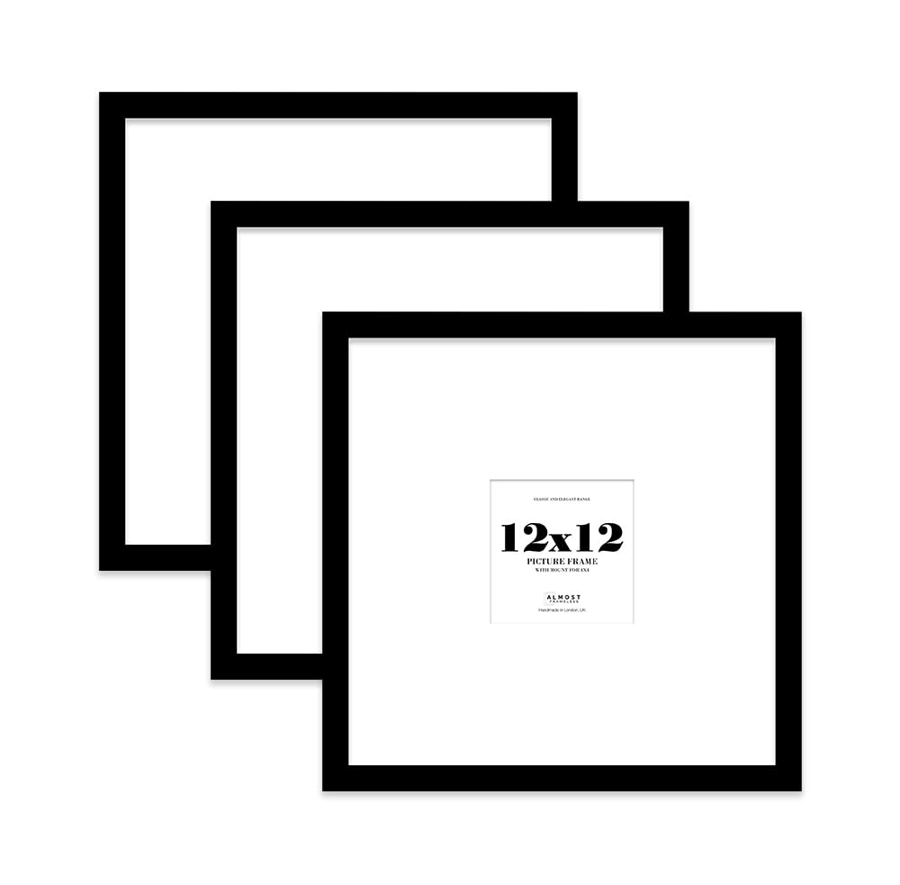 12x12 Black Picture Frame with Large Mount for 4x4 Photos, Prints - Modern Square Wall Frame, Set of 3