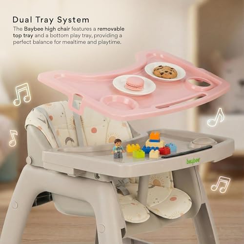Image of Baybee Breeze High Chair for Kids with Musical Tray, Dual Removable Trays, Adjustable Feeding System, 5-Point Safety Belt, Storage Basket & Detachable Cushion for 6 Months to 3 Years (Beige & Pink)