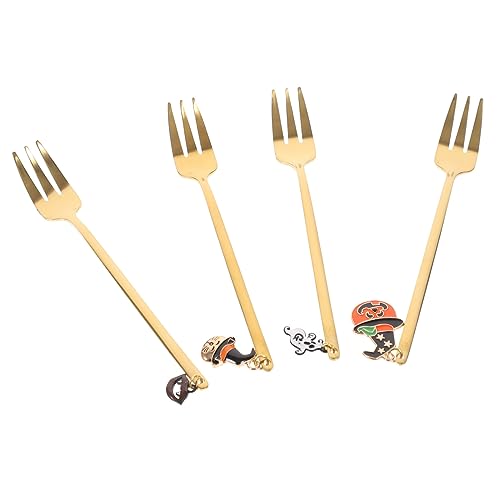 Garneck 4pcs Cake Fork Prong Skewers Fruit Cake Dessert Fork Dessert Serving Steel Fruit Party Halloween Golden Spoons Halloween Tableware Party Tableware Stainless Steel Golden