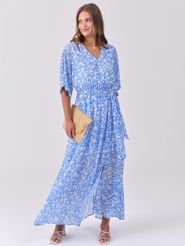 Image of ANRABESS Womens Boho Floral Wedding Guest Maxi Dress | Flowy A-Line Chiffon with Slit, Elegant V Neck Wrap Elastic Waist, Casual 1 /2 Sleeve Spring Summer Outfits, Tea Party