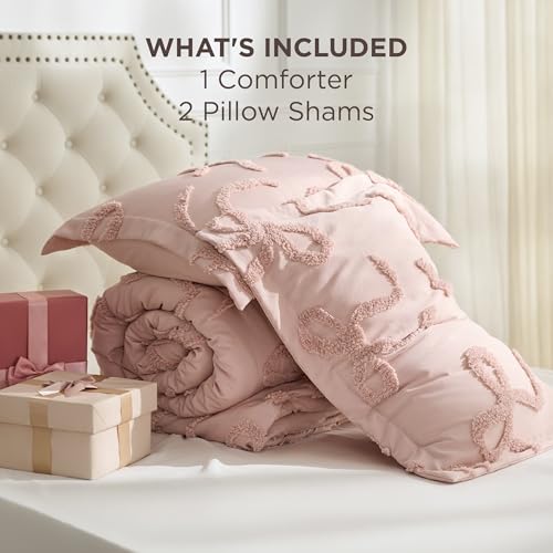 Image of Bedsure Tufted Rose Pink Full Size Comforter, GentleSoft 3 Pieces Bow Cute Bedding Pink Room Decor, Gifts for Girls Teens Women, All Seasons, 1 Bed Comforter, 2 Pillow Shams, 82x86 Inches