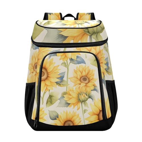 Sunflower Watercolor Yellow Flower Cooler Backpack Cooler Insulated Leak Proof Lunch Backpack 36 Cans Waterproof Soft for Men Women Picnic Hiking Camping Beach