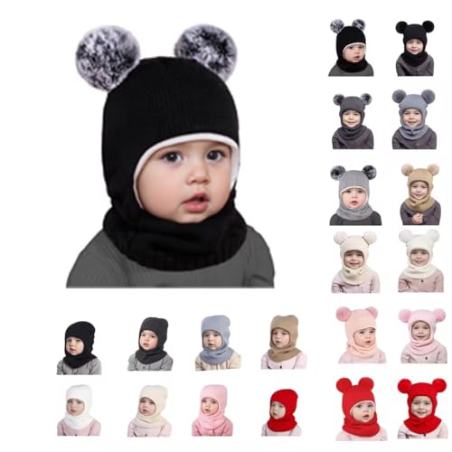 Baby Winter Knit Hat Scarf Set Toddler Bear Ear Beanie Hats with Neck Warmer for Girl Boy Solid Pompom Skullies