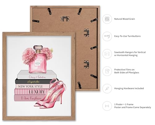 Image of Poster Master Fashion Print - Pink Designer Poster - Shoes & Perfume Art - Chic Gift for Her & Fashionista - Luxury Haute Couture Decor for Bedroom or Girl's Room - 16x20 Beige Framed