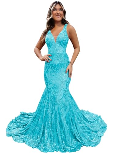 Lace Sequin Prom Dress Sparkly Long V Neck Mermaid Formal Evening Ball Gown for Women