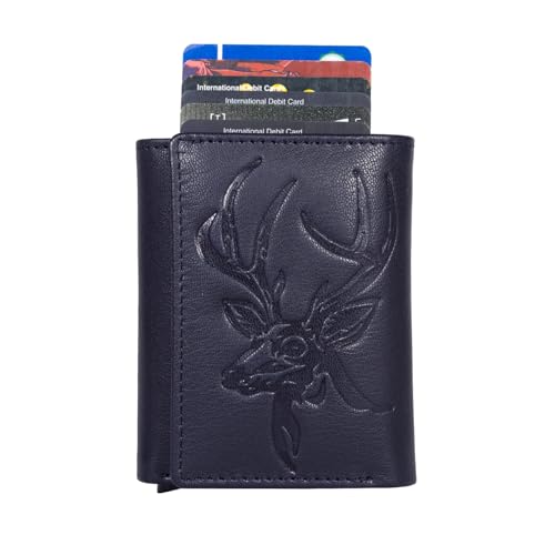 Image of Men's Genuine Leather RFID Wallet | Premium Slim Red Wallet for Men with Deer 3D Print | 8 Card Slots Secure and Durable Design Casual Stylish | Formal & Gifting Use, Blue and Silver