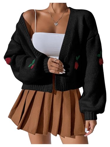 Image of GORGLITTER Women's Cherry Cropped Cardigan Sweaters Open Front Long Sleeve Cute Chunky Knit Short Cardigan Trendy