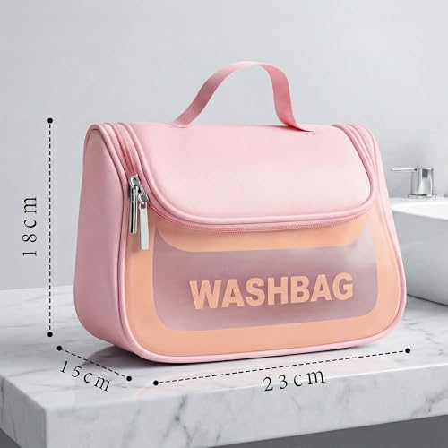 Image of Cosmetic Bag for Women, PU Leather Makeup Pouch, Large Capacity Travel Makeup Organizer with Divider & Handle, Waterproof Portable Vanity Storage Bag for Toiletries (Washing Bag-Pink)