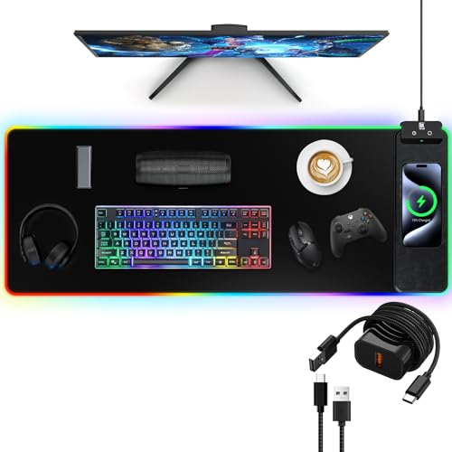 Image of Mouse Pad with Wireless Charging, Large Desk Mat RGB Gaming Mousepad, 10 Light Colors LED Gaming Pad Keyboard Pad with Ultra-Smooth Surface & Non-Slip Rubber Base, Waterproof Full Desk Mouse Pad
