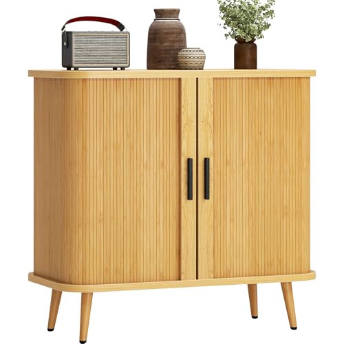 SogesPower Armoire de Rangement avec Porte coulissante en Bambou | Meuble de Rangement spacieux 80x40x75cm pour Salon, Cuisine, Chambre, Pieds en pin...