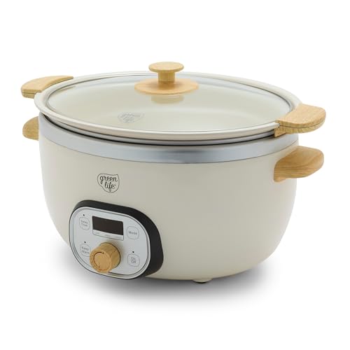 Comparison: Pampered Chef Crock Pot 11 GreenLife 6QT Slow Cooker, Non-Toxic PFAS-Free Ceramic Nonstick Removable Interior Bowl, Programmable, Family Friendly, Keep Warm, Stovetop & Oven Safe, Dishwasher Safe Parts, Timer, Glass Lid, Cream