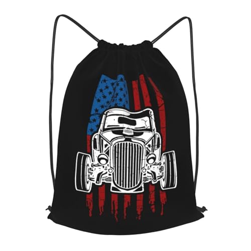 Vintage Hot Rod American Flag Classic Car Drawstring Backpack Bag Sport Gym Sackpack for Men Women (Black)