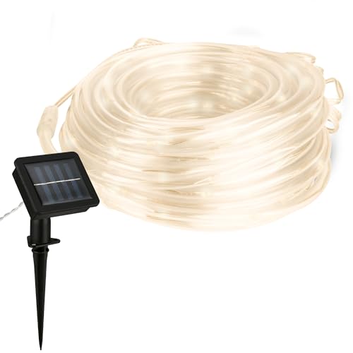 BRILONER – Striscia LED solare da 10 metri, luce bianca calda, resistente all'acqua di picco per esterni, striscia LED con 2 modalità di illuminazione, tubo esterno, nastro, bianco, trasparente