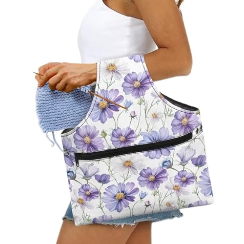 Image of KUIFORTI Purple Flower Knitting Tote Bag Yarn Bag Lightweight for Crocheting on The Go, Travel Project Wrist Storage for Knitting Needles, Crochet Supplies Portable