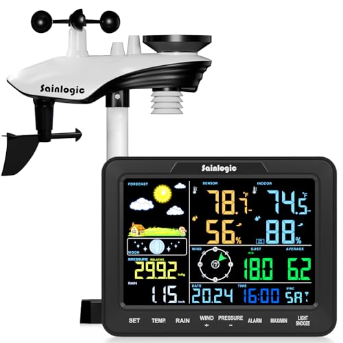 Sainlogic SA68 Home Weather Station with Weather Stations Wireless Indoor Outdoor and Rain Gauge Outdoor for Temperature,Humidity,Forecast,Pressure,Moon Phase,Alarm Clock for Bedroom,Black(No WiFi)
