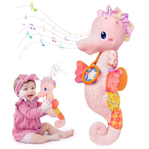 Image of Baby Toys 0-6 Months,Infant Musical Seahorse Stuffed Animals Sensory Toys with Bright Colors,Multiple Textures,Rattles & Crinkle Sound Paper,Soft Tummy Time Toy for Newborn Boys Girls 0-12 Months-Pink