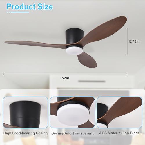 Image of Depuley Flush Mount Ceiling Fan: 52-Inch Black Ceiling Fans with Lights for Bedroom Indoor Outdoor - Low Profile Ceiling Fans with Remote Control 24W 3CCT Dimmable 3 Reversible Walnut Blades 6 Speeds