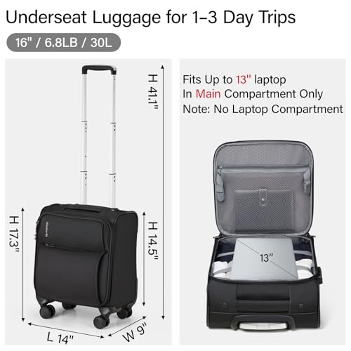 Image of Hanke Softside Expandable Luggage 16 /20 /24 /28 Inch Carry On Luggage for Travel Checked Luggage Suitcases with Wheels & TSA Luggage Large Suitcase, Black, 16-Inch Underseat, Underseat Carry on Luggage