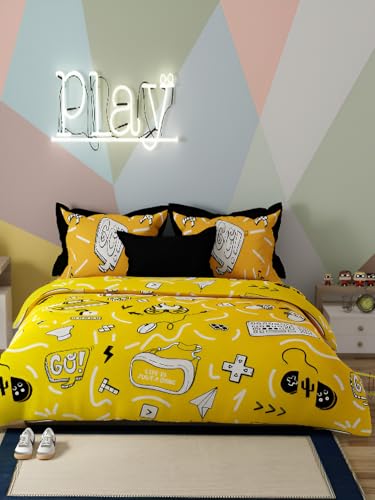 Image of United Colors of Benetton Yellow Cotton King Bedsheet with 2 Pillow Covers | 210 TC | Soft, Skin-Friendly & Breathable Bed Linen | King Size Bedding Set