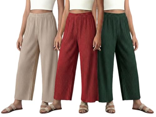 Image of Set of Combo Trouser and Pants for Girls and Women's Relaxed Fit Stretchable Regular Fit Palazzos Lightweight Elastic Waistband Bottoms for Daliy Office & Casual Wear